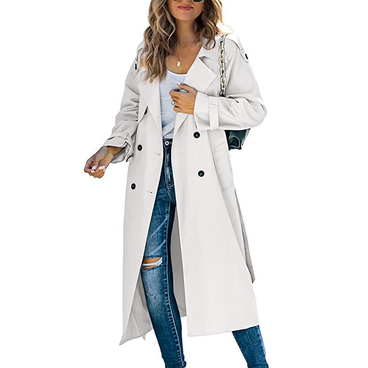 Veronique belted double-breasted long trench coat in light gray, front view