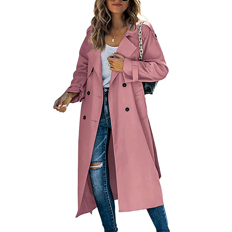 Veronique belted double-breasted long trench coat in pink, front view