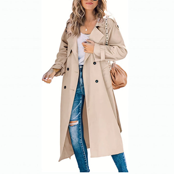 Veronique belted double-breasted long trench coat in khaki, front view