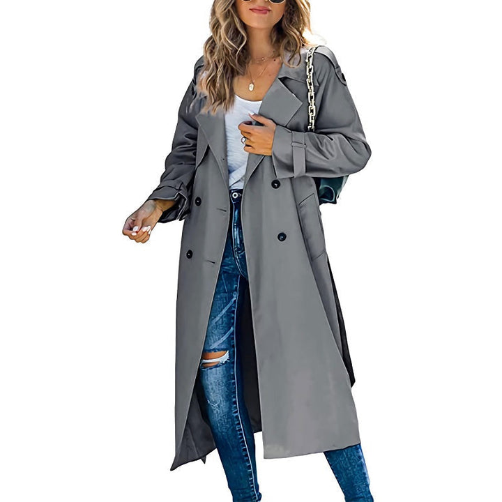 Veronique belted double-breasted long trench coat in gray, front view