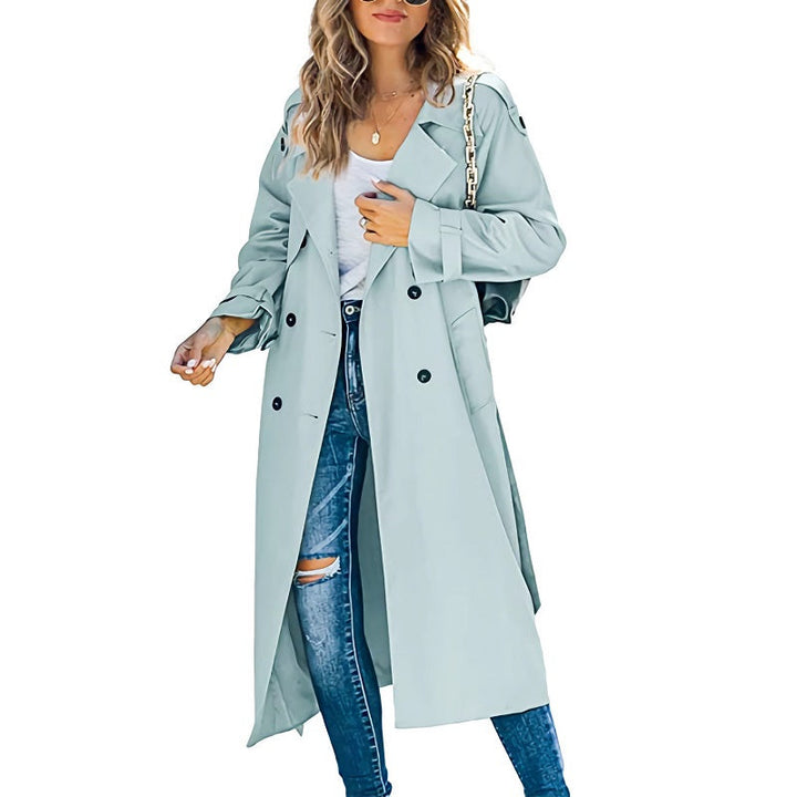 Veronique belted double-breasted long trench coat in gray, front view
