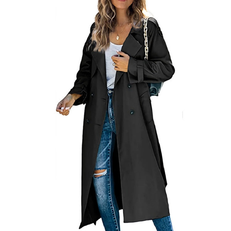 Veronique belted double-breasted long trench coat in gray, front view