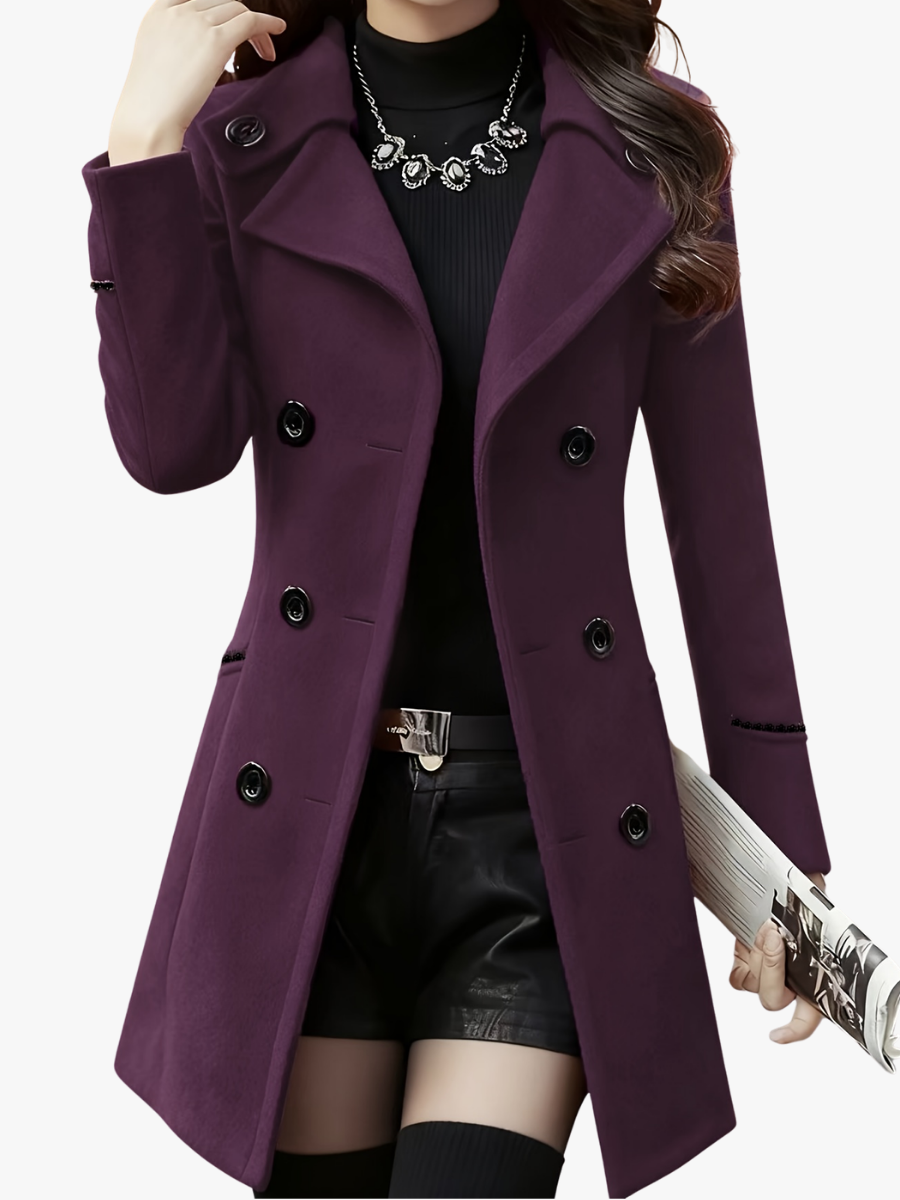 Verlaine double-breasted notch collar coat in dark purple, close-up front view