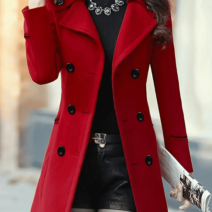 Verlaine double-breasted coat in light gray, front view on model
