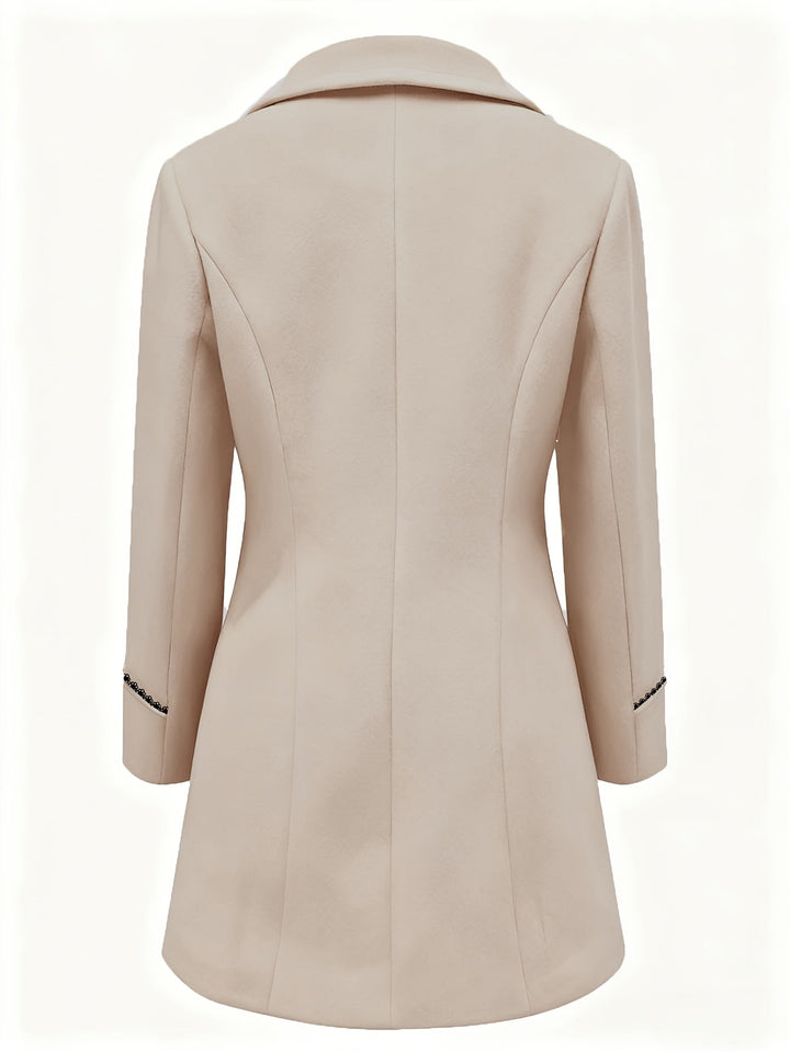Verlaine double-breasted coat in light gray, front view on model