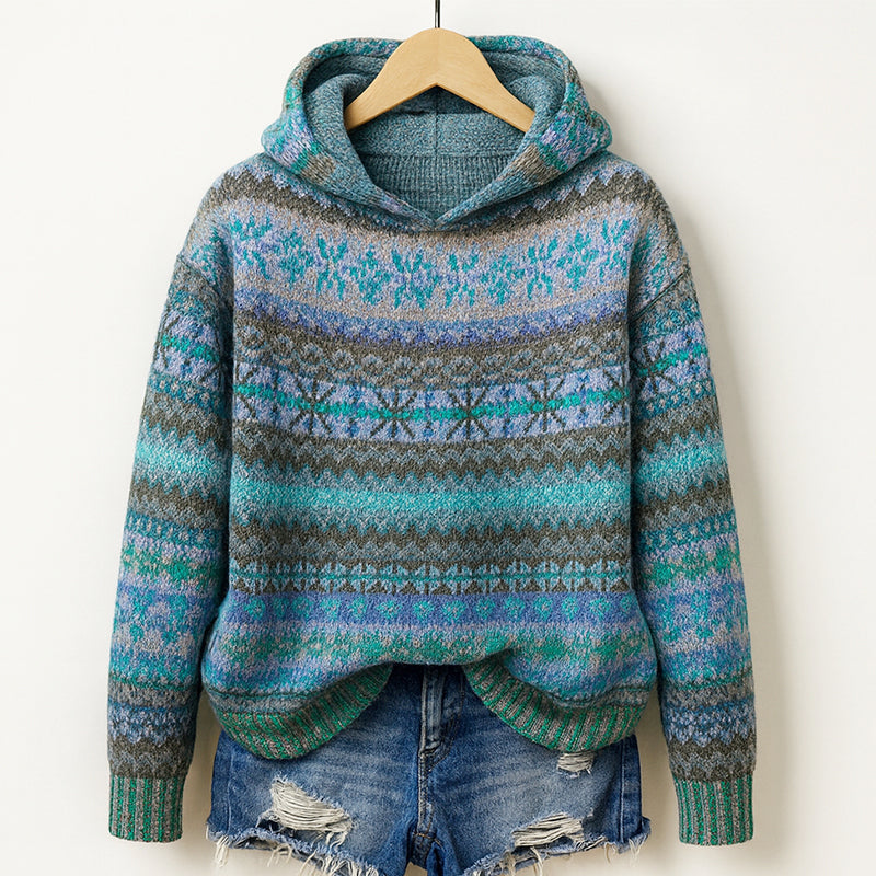 Wilhelmina Fair Isle hooded sweater in blue multicolor, front view on hanger
