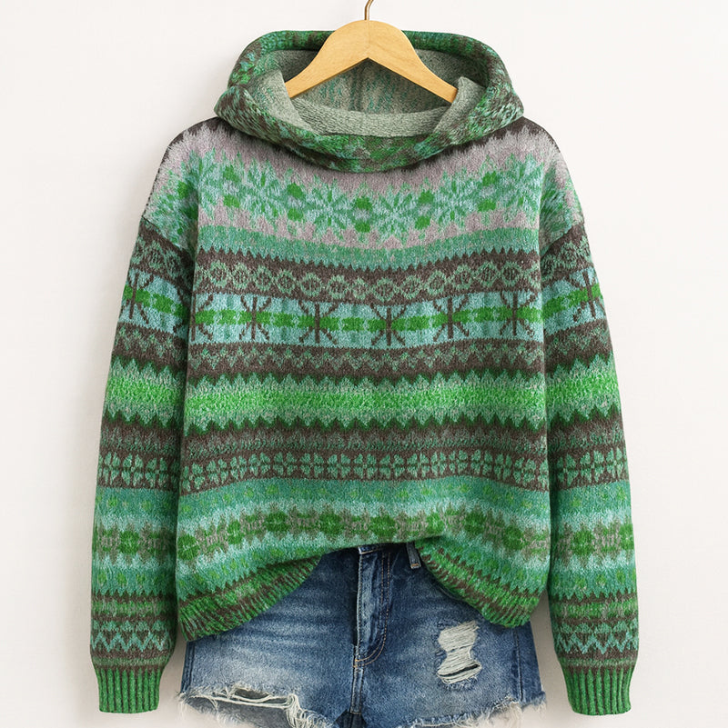 Wilhelmina Fair Isle hooded sweater in green multicolor, front view on hanger