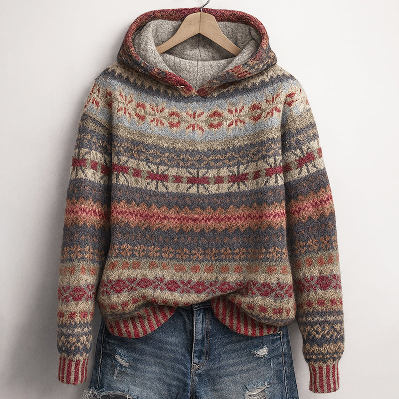 Wilhelmina Fair Isle hooded sweater in brown multicolor, front view on hanger