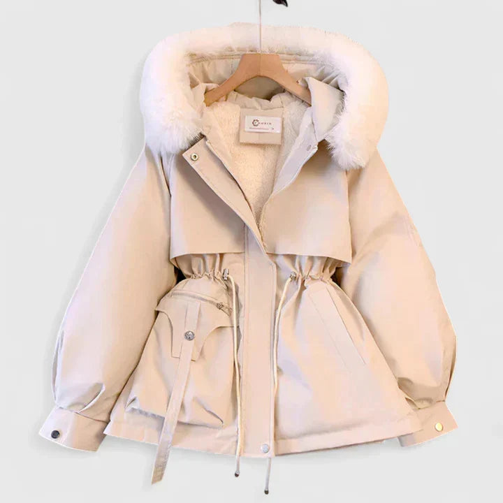 Everlyn hooded parka jacket in cream, front view on hanger
