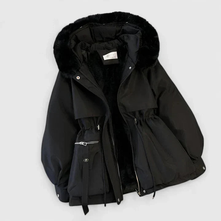 Everlyn hooded parka jacket in black, front view on hanger