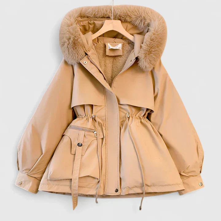 Everlyn hooded parka jacket in khaki, front view on hanger