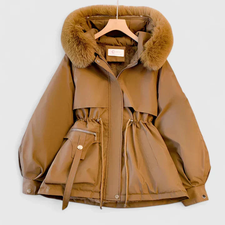 Everlyn hooded parka jacket in brown, front view on hanger