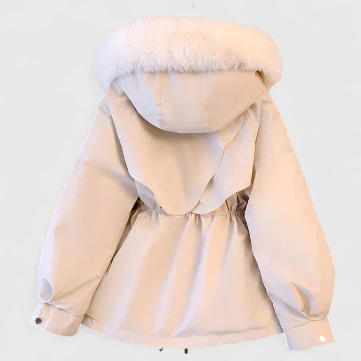 Everlyn hooded parka jacket in brown, front view on hanger