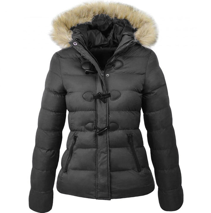 Odette quilted winter jacket with faux fur hood in black, front view