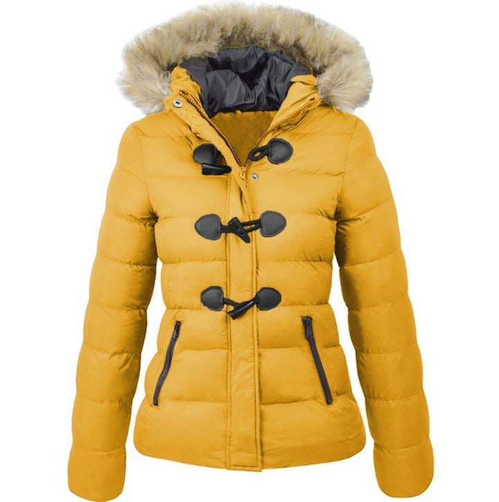 Odette quilted winter jacket with faux fur hood in yellow, front view