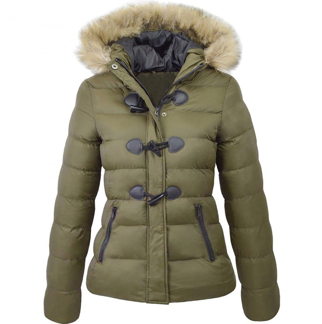 Odette quilted winter jacket with faux fur hood in olive green, front view