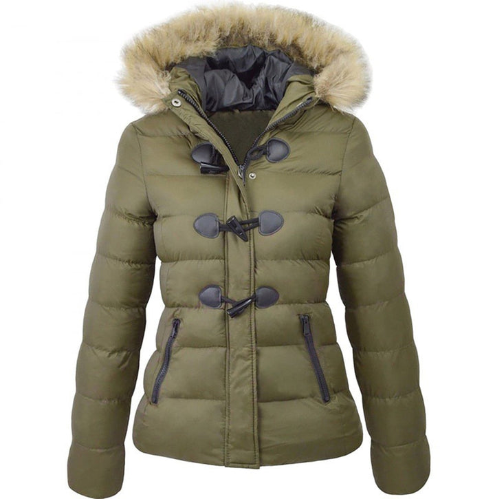 Odette quilted winter jacket with faux fur hood in olive green, front view