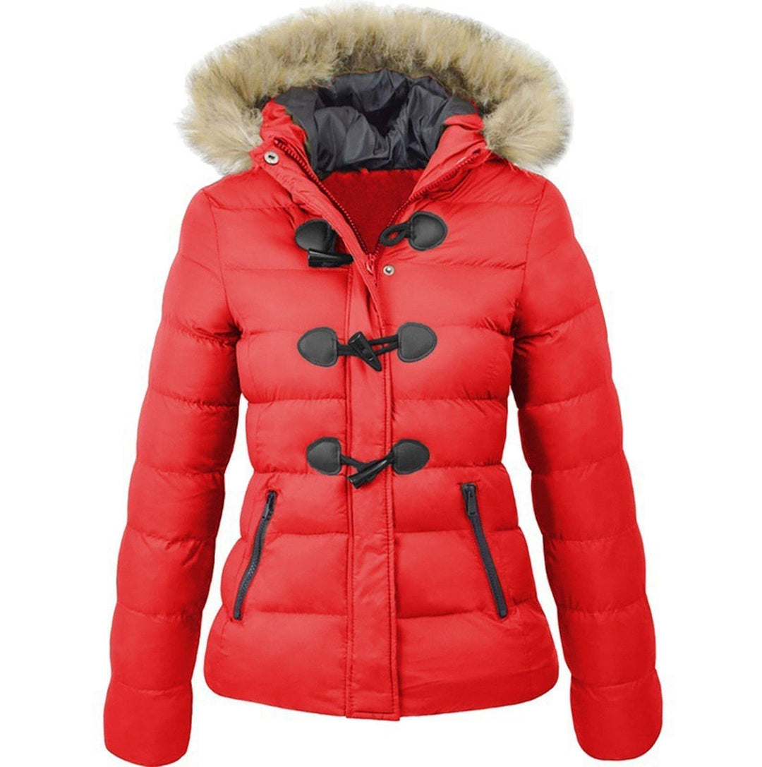 Odette quilted winter jacket with faux fur hood in pink, front view