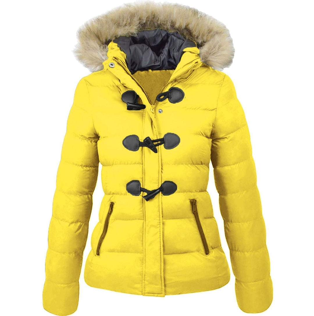 Odette quilted winter jacket with faux fur hood in pink, front view