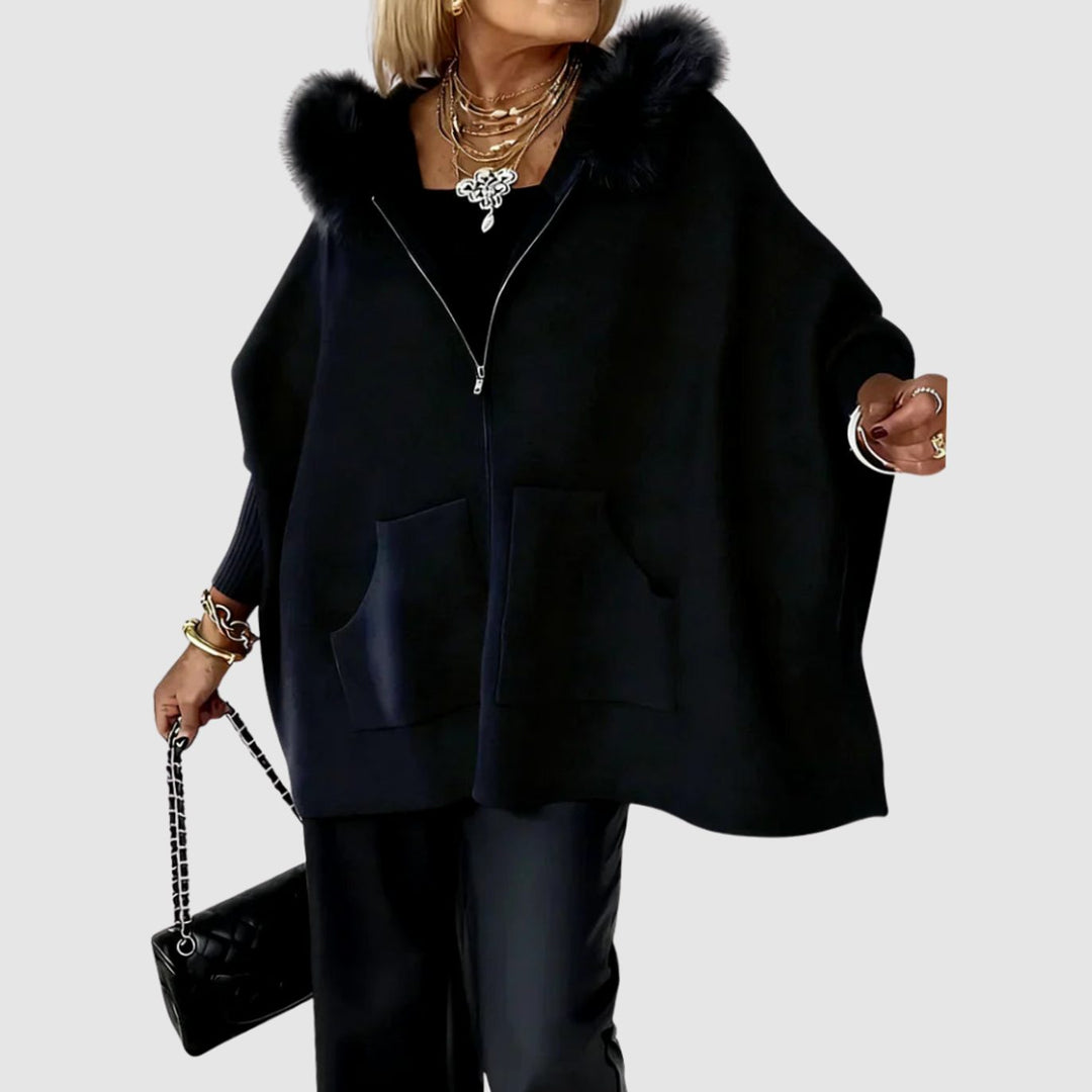 Rosalind faux fur hood zip-up poncho coat in black, front view
