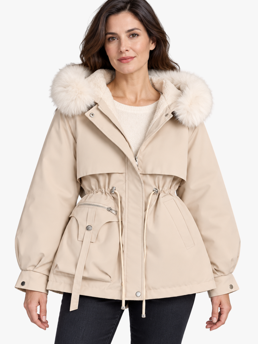 Thaisa faux fur hooded puffer jacket, front view on model