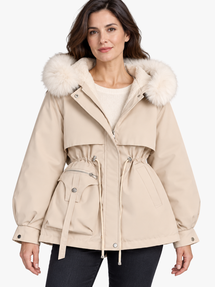 Thaisa faux fur hooded puffer jacket, front view on model