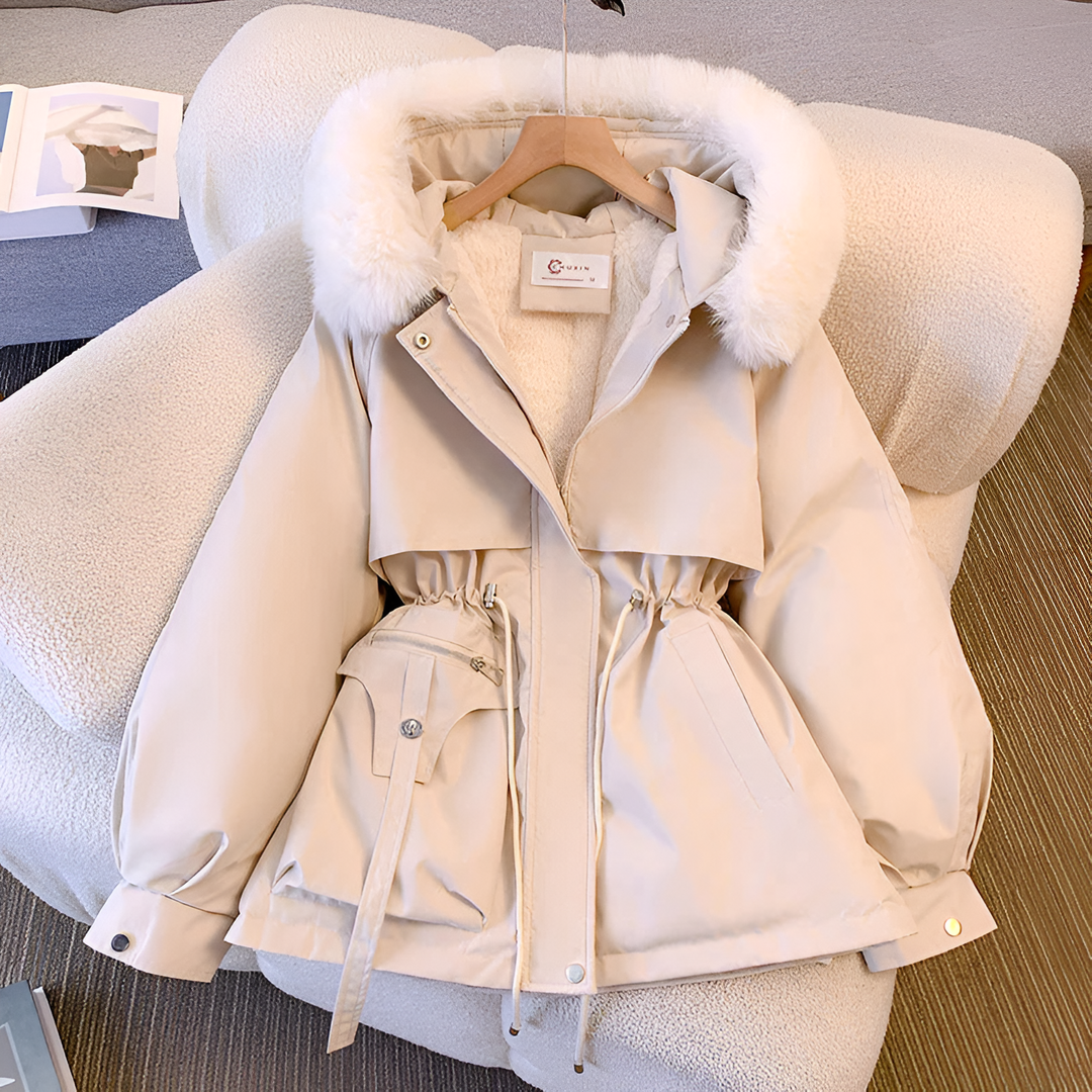 Thaisa hooded puffer jacket in cream, flat lay with drawstring waist detail