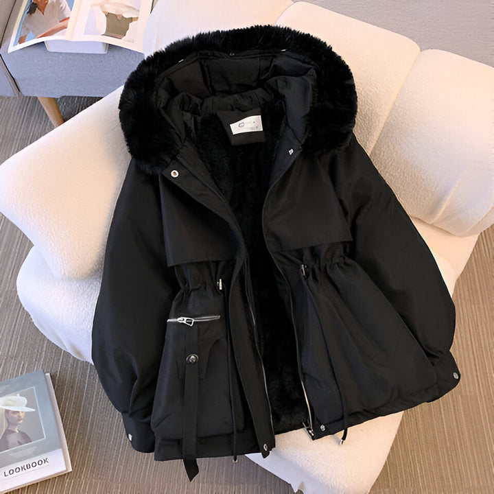 Thaisa hooded puffer jacket in black, flat lay view