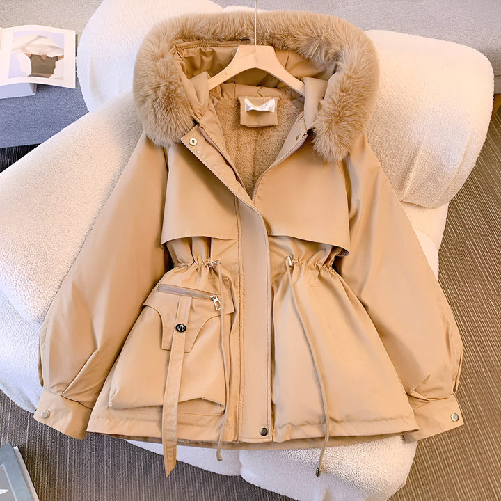Thaisa hooded puffer jacket in khaki, flat lay view