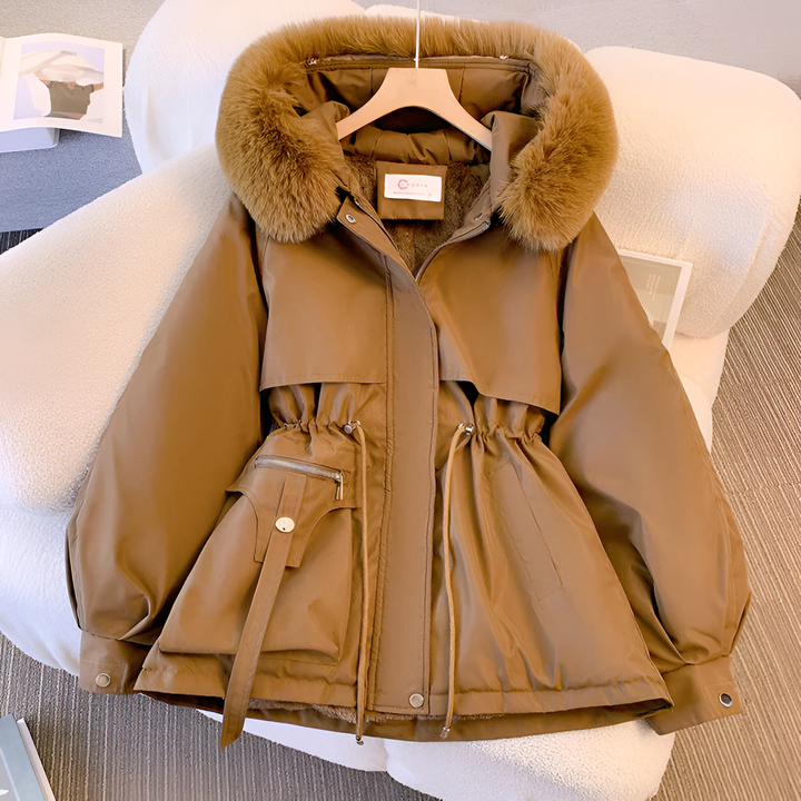 Thaisa hooded puffer jacket in khaki, flat lay view