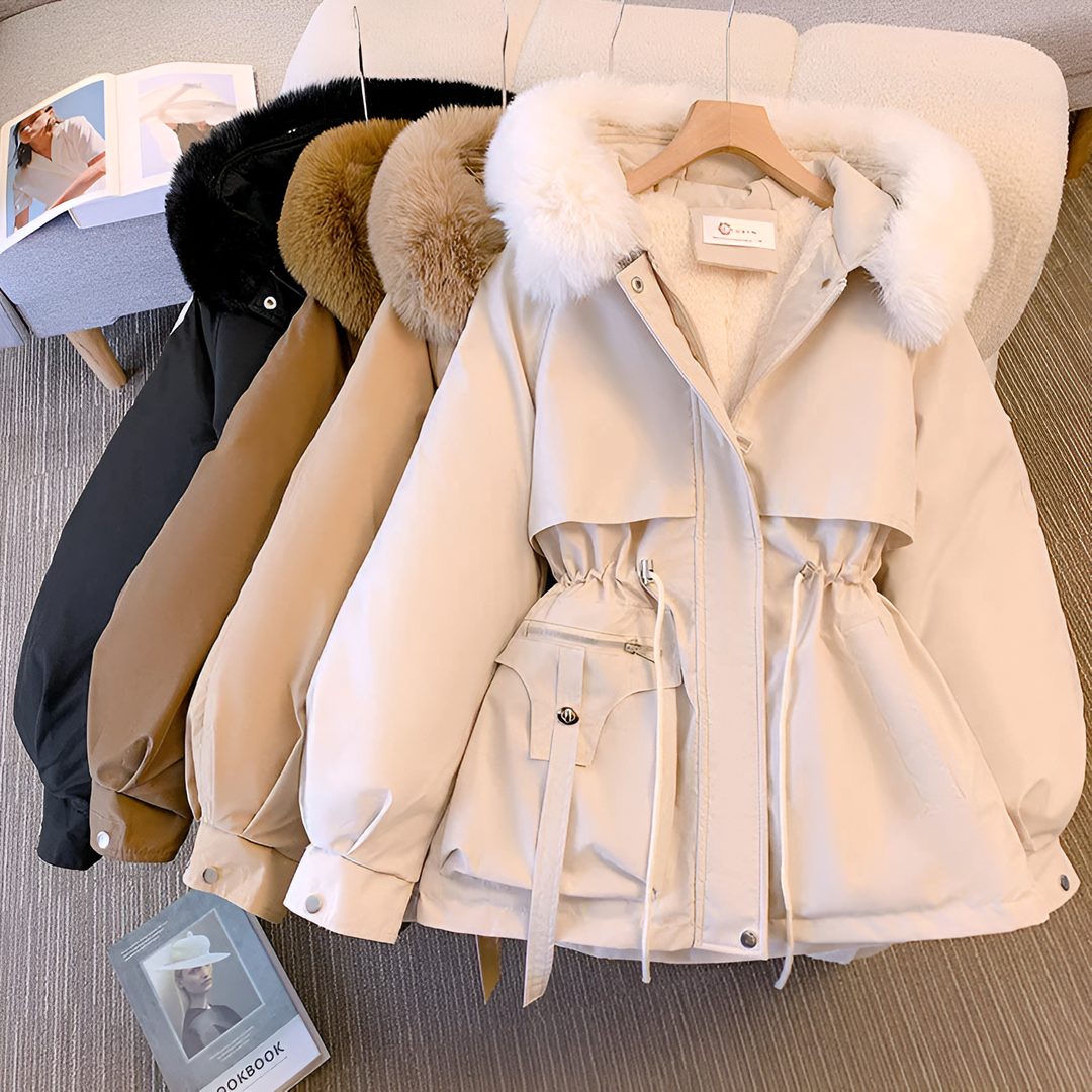Thaisa hooded puffer jacket in khaki, flat lay view