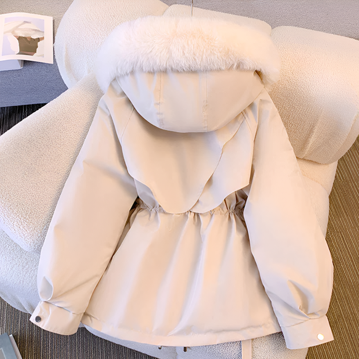 Thaisa hooded puffer jacket in khaki, flat lay view