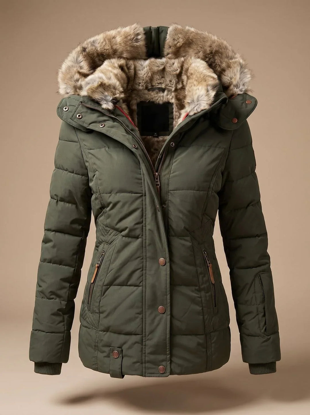Faustine olive green faux-fur hooded quilted puffer coat, front view