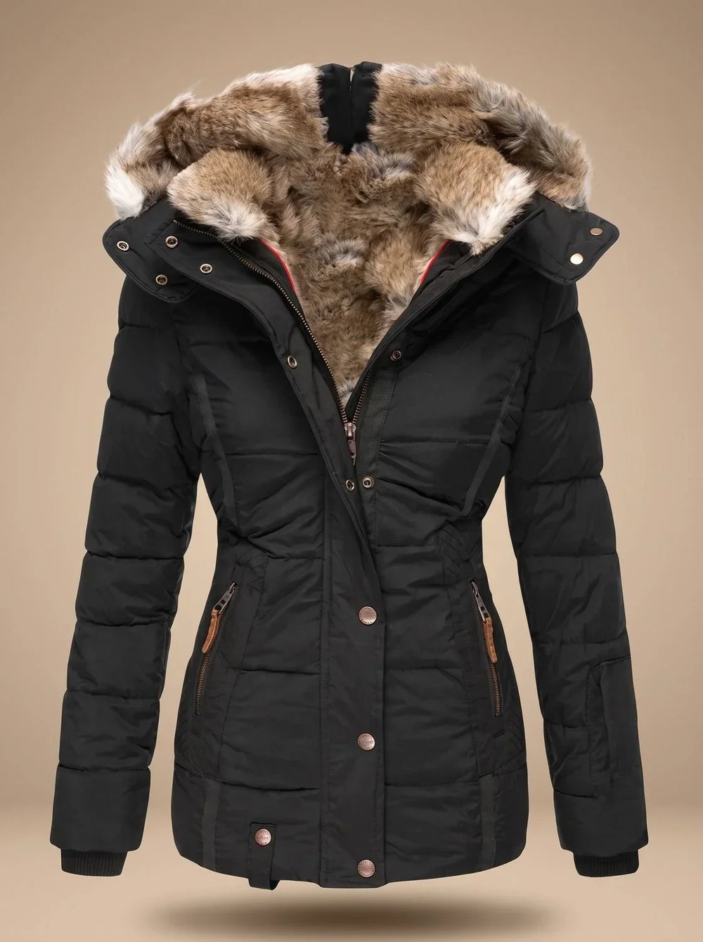 Faustine black faux-fur hooded quilted puffer coat, front view
