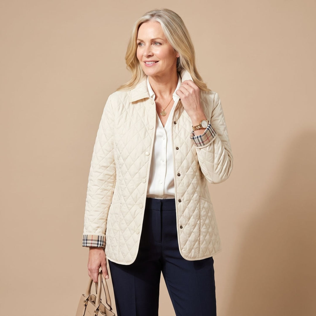 Vivienne fitted quilted winter jacket in cream, front view with collar raised