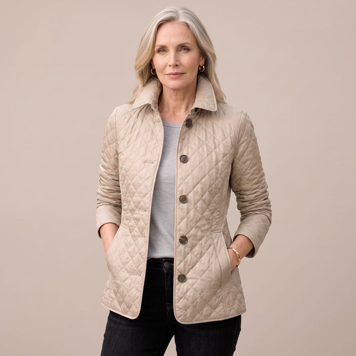 Vivienne fitted quilted winter jacket in beige, front view buttoned