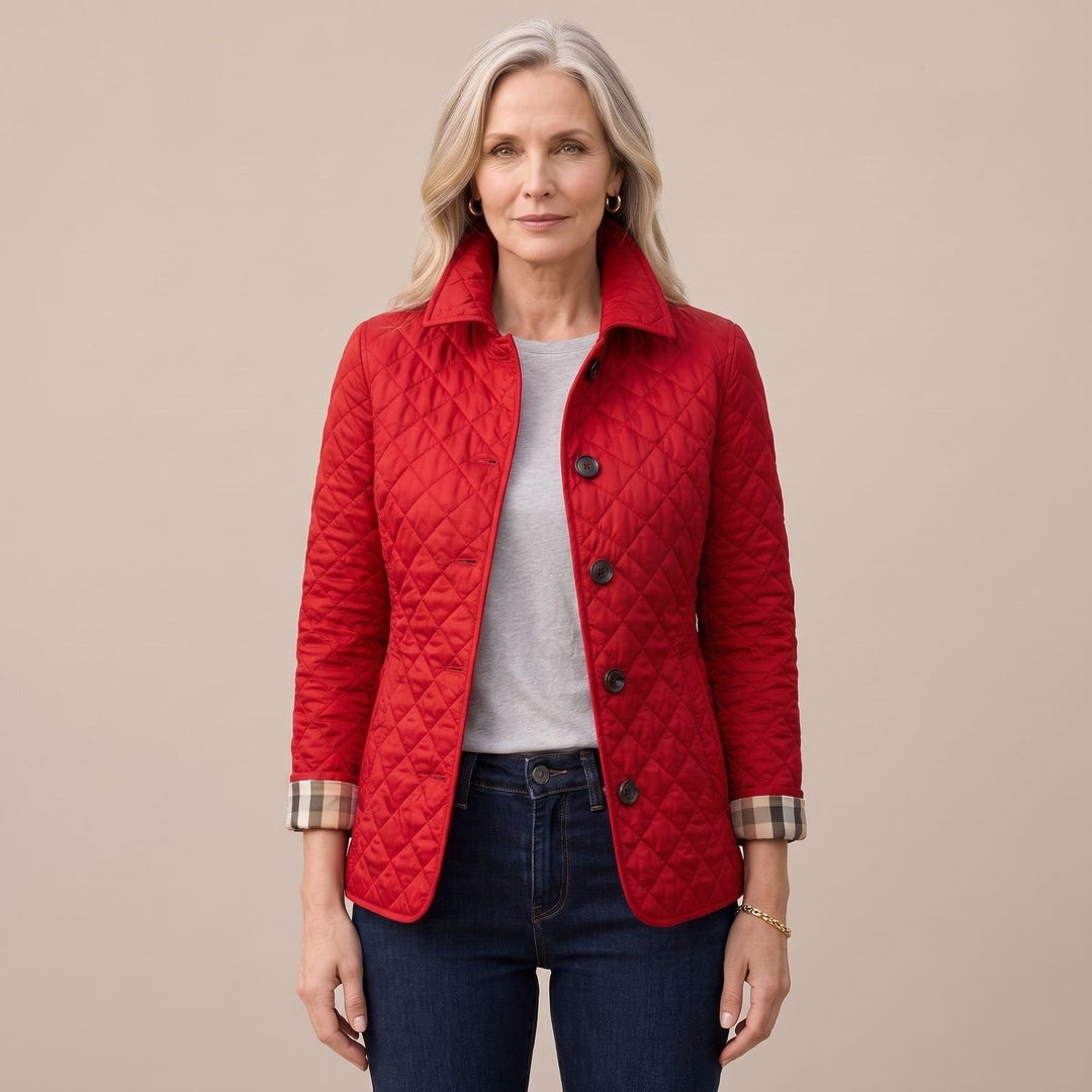 Vivienne fitted quilted winter jacket in red, front view unbuttoned