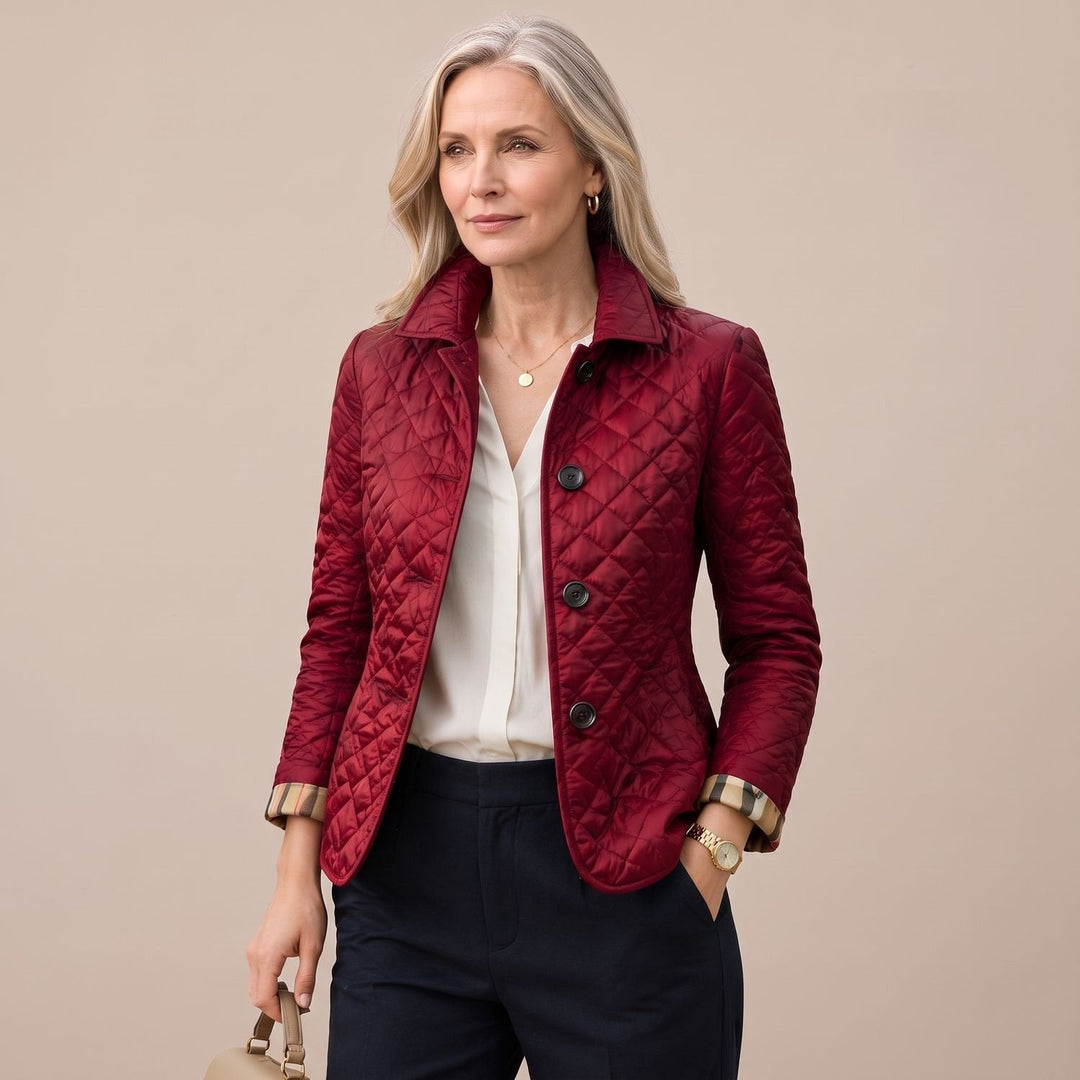 Vivienne fitted quilted winter jacket in red, front view unbuttoned