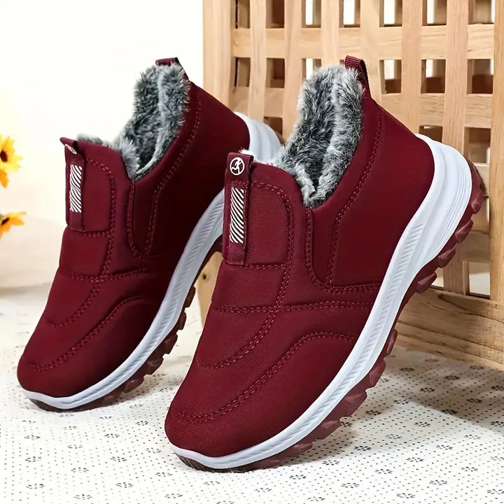 Rosalyn burgundy fleece-lined snow boots, side angled view