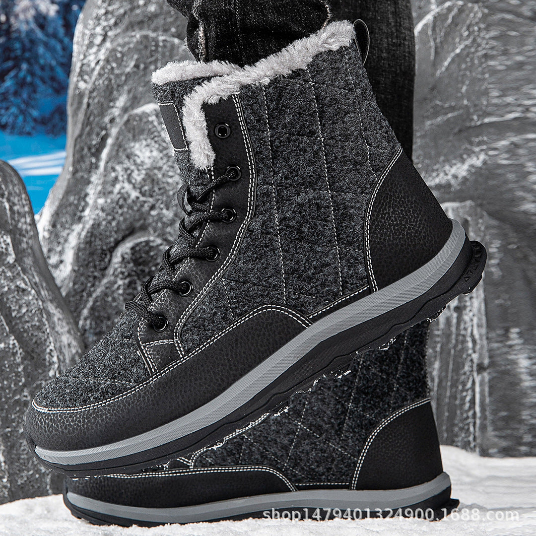 Marguerite fleece lined snow boots on feet, side view against rocky winter backdrop
