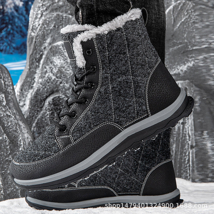 Marguerite fleece lined snow boots on feet, side view against rocky winter backdrop