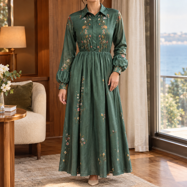 Wilhelmina floral maxi shirt dress with pointed collar, front view