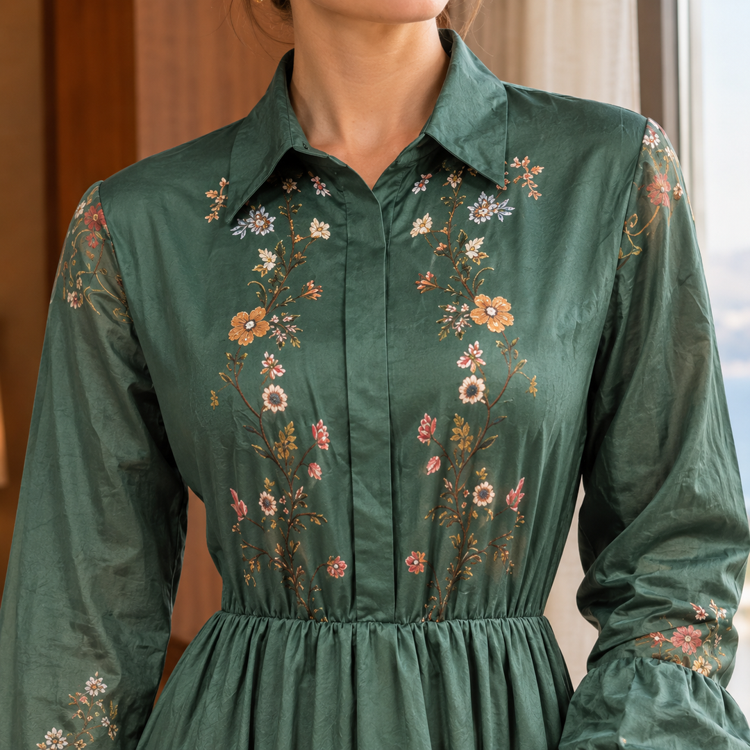 Wilhelmina floral shirt dress, close-up of collar and bodice detail