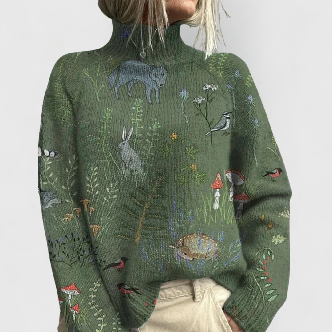 Delphine floral print turtleneck knit sweater in green with woodland animal motif, front view