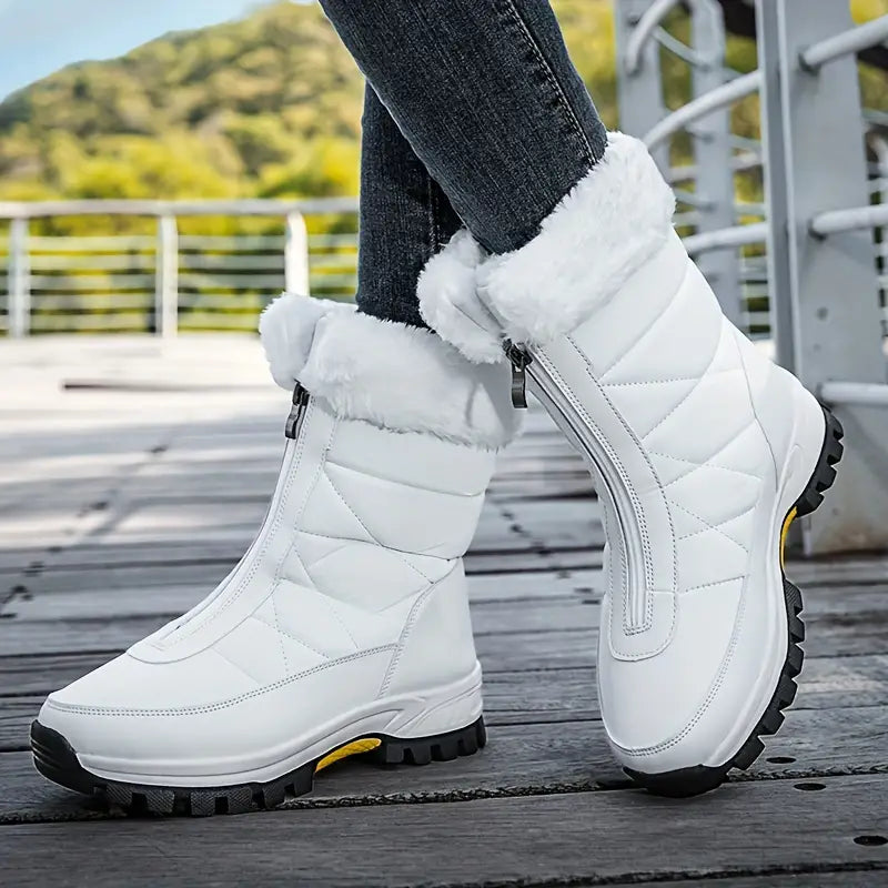 Winslow white fur-lined fleece snow boots side view on model
