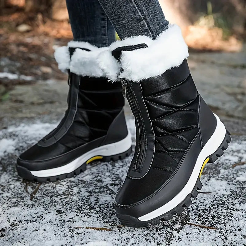 Winslow black fur-lined fleece snow boots side view on model