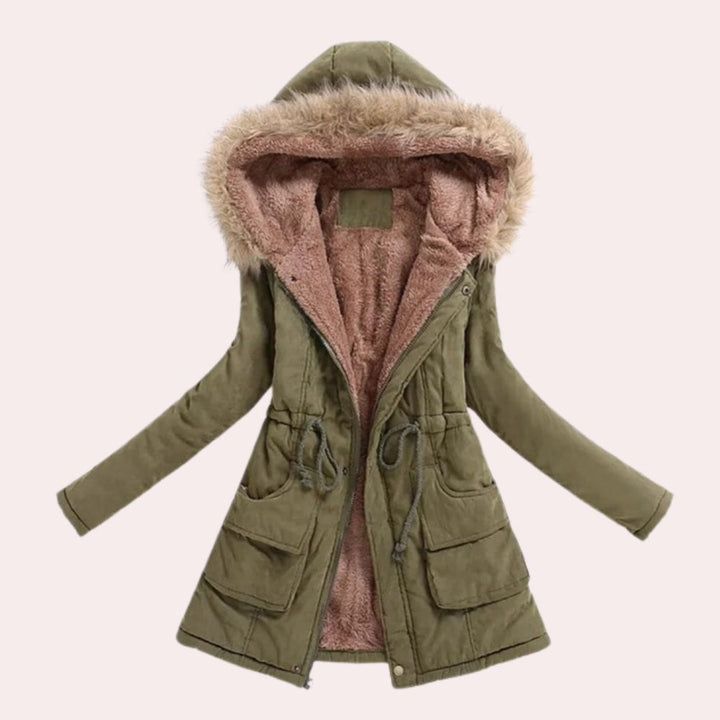 Rosalind fur trim hooded parka in army green, front view open