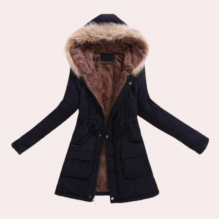 Rosalind fur trim hooded parka in black, front view open