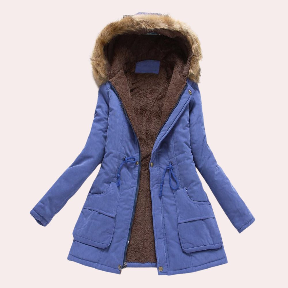 Rosalind fur trim hooded parka in blue, front view open
