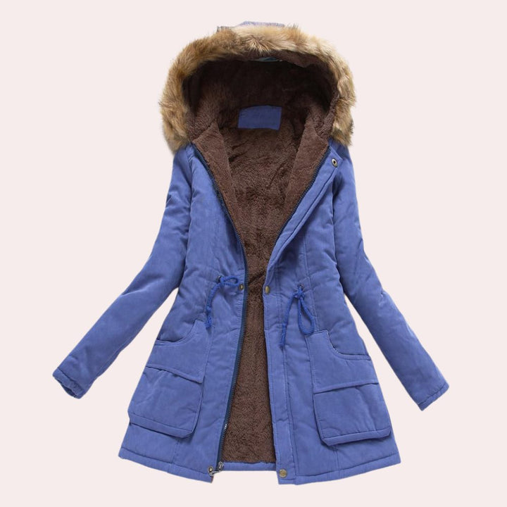 Rosalind fur trim hooded parka in blue, front view open
